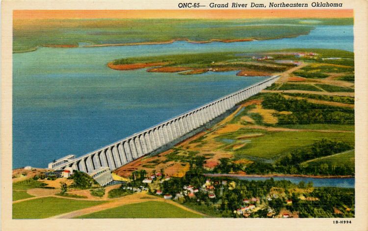 Grand River Dam Oklahoma OK 1941 Aerial View Dam Lake Vintage Postcard