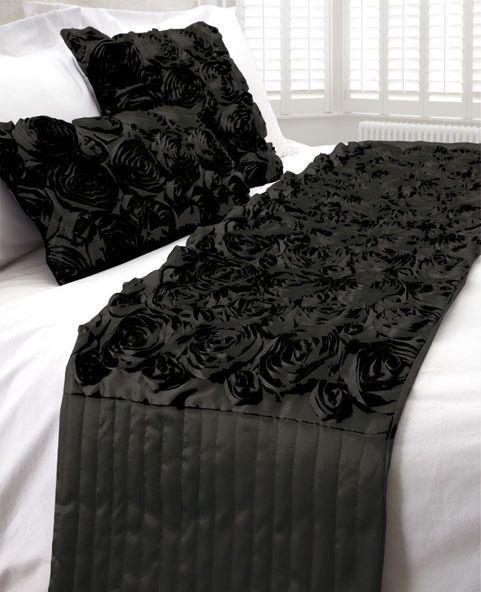 ARQUETTE FAUX SILK BED RUNNERS WITH SQUARE AND BOUDOIR CUSHIONS.