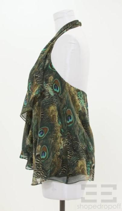 Haute Hippie Green Peacock Print Silk Ruffle Trim Halter Top Size