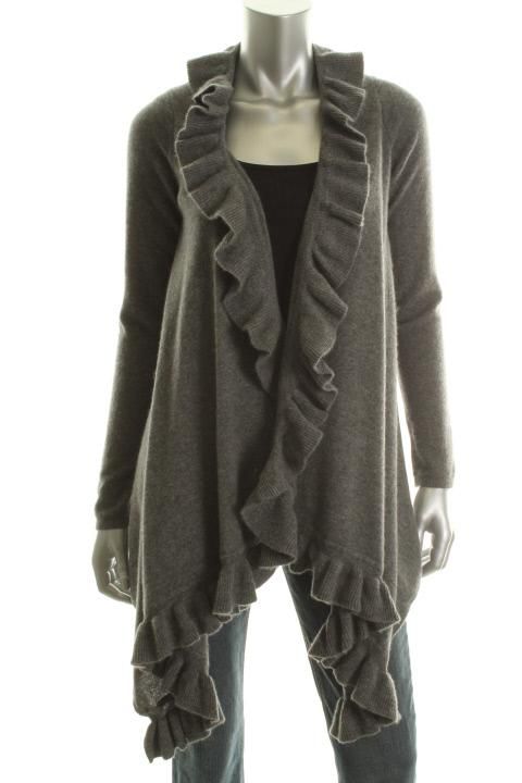 Hayden New Gray Heathered Cashmere Ruffled Open Front Cardigan Sweater