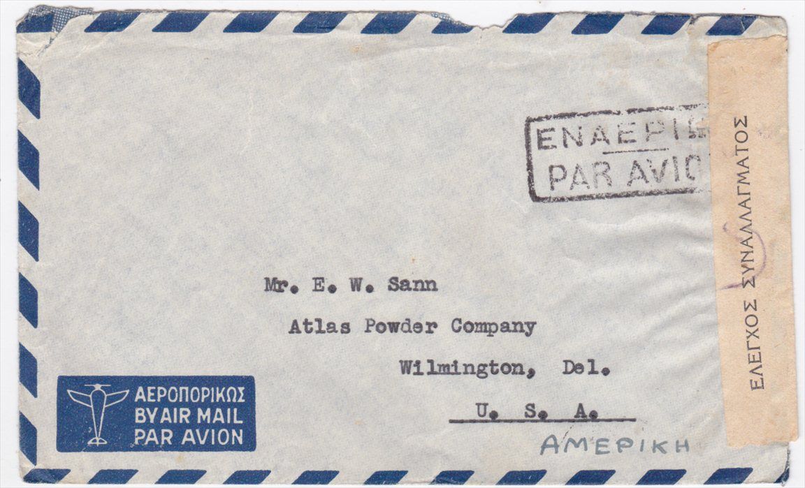 Greece to US Wilmington de 1940s Censored Airmail Cover