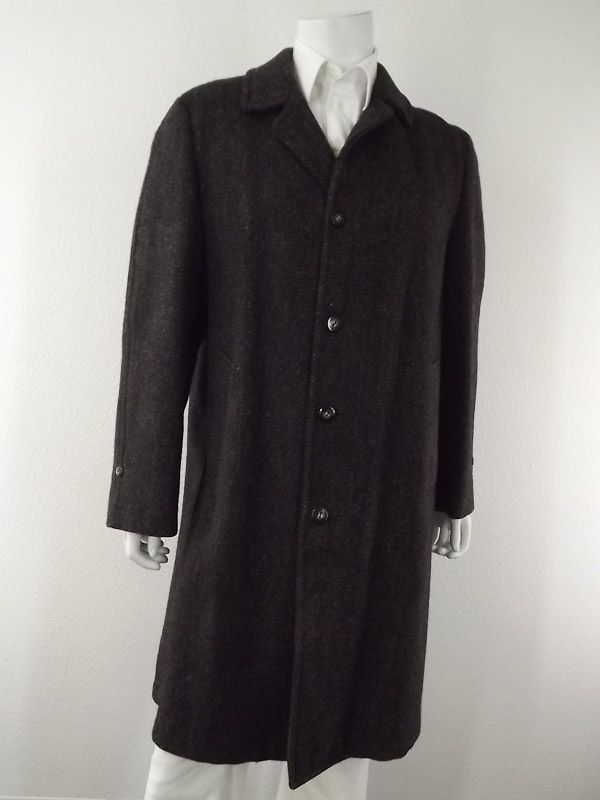 Mens Overcoat Dark Gray Harris Tweed L 100 Wool Button Up Herringbone