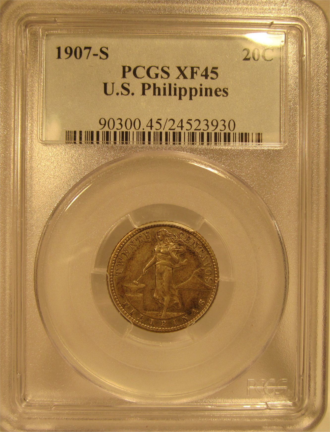 US Philippines 1907 s Twenty Centavo PCGS XF45 ★tough Date★