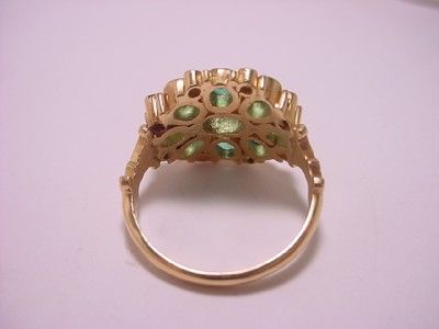 18KT YELLOW GOLD OVAL CUT EMERALDS AND ROSE CUT DIAMONDS RING