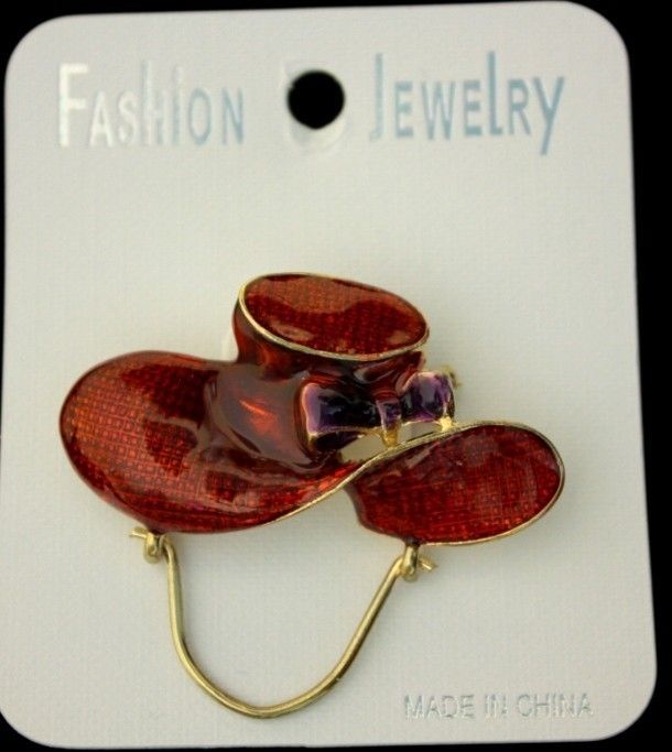 Enamel Gold Tone Red Hat Society Brooch Pin Purple Ribbon