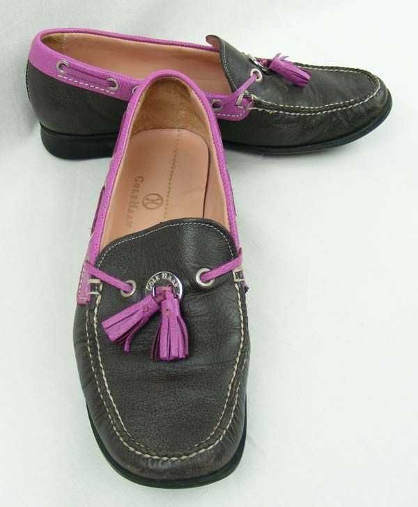 Cole Haan Brown Leather Loafers 7B with Pink Tassels and Edges Womens