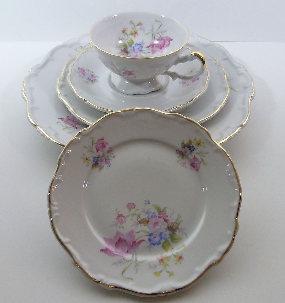 Hertel Jacob Bavaria Pink Floral Gold 5 Piece Place Setting Mint