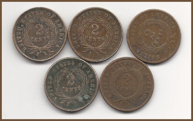 17. US TWO CENT LG COIN DATE RUN 1864, 1965, 1866, 1867, 1868