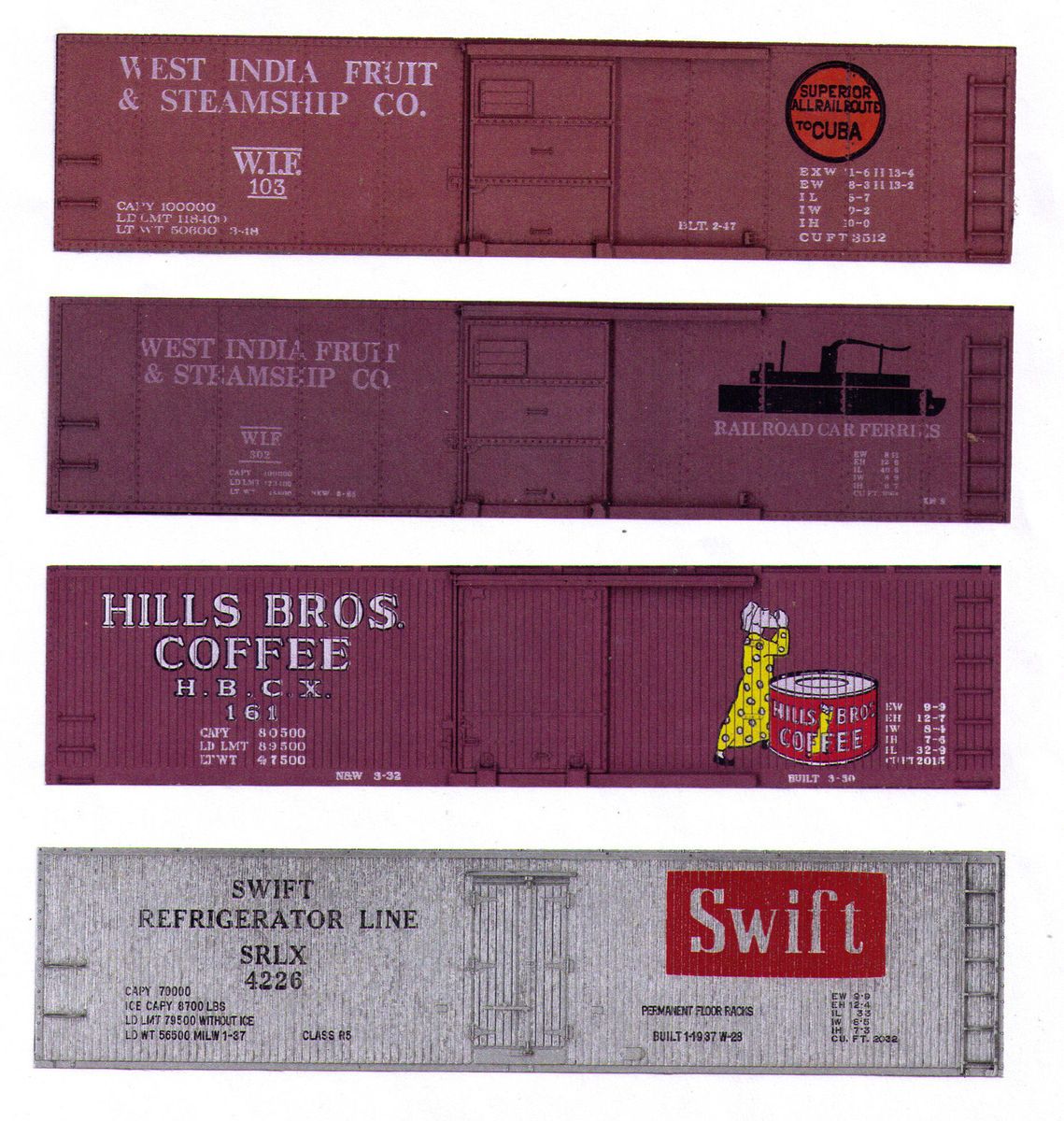boxcars West India Fruit, Hills Bros Coffee, Swift Silver printed