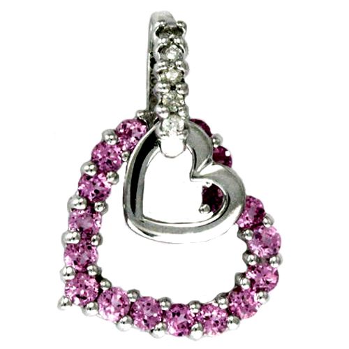 10K White Gold Pink Topaz Diamond Heart Shape Pendant