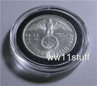 WWII 1938 2 Reichsmark Silver Nazi Coin w Swastika Hitler