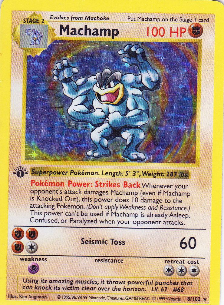 Pokemon Card 1st Edition Machamp 8 102 Shadowless Holo RARE Thick EX