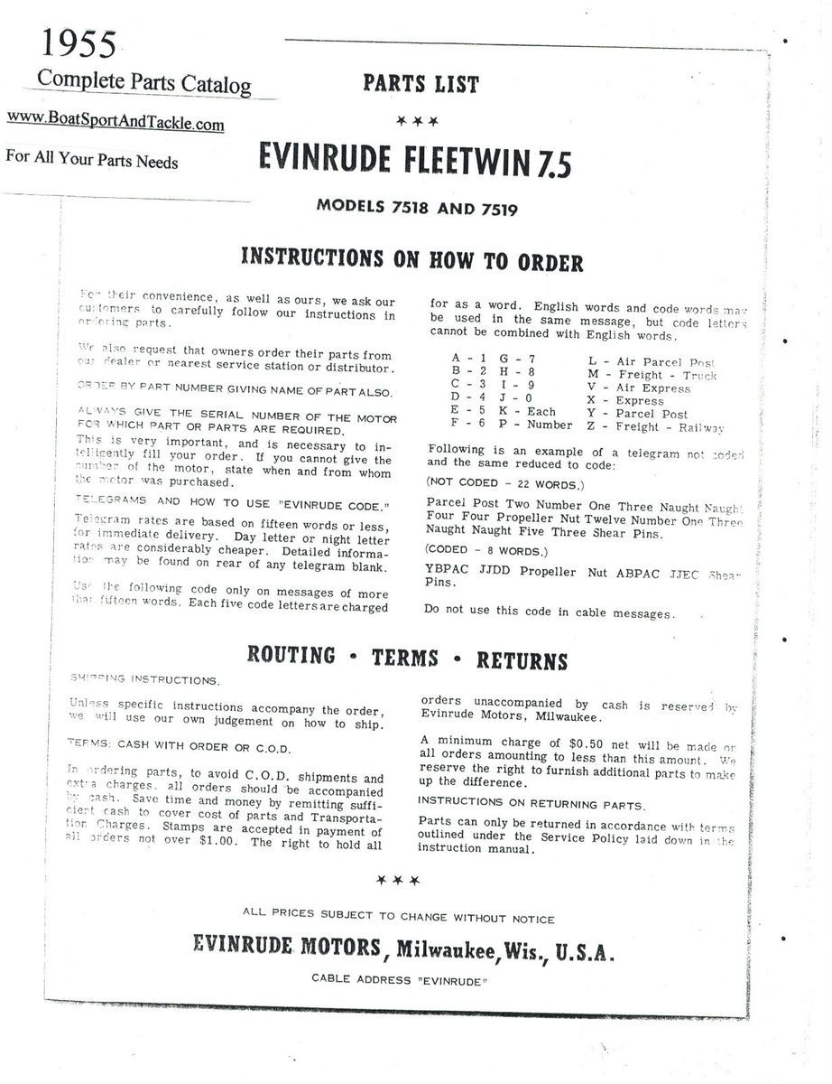 Parts List Manual for 1955 7 5 HP Evinrude Fleetwin Models 7518 and