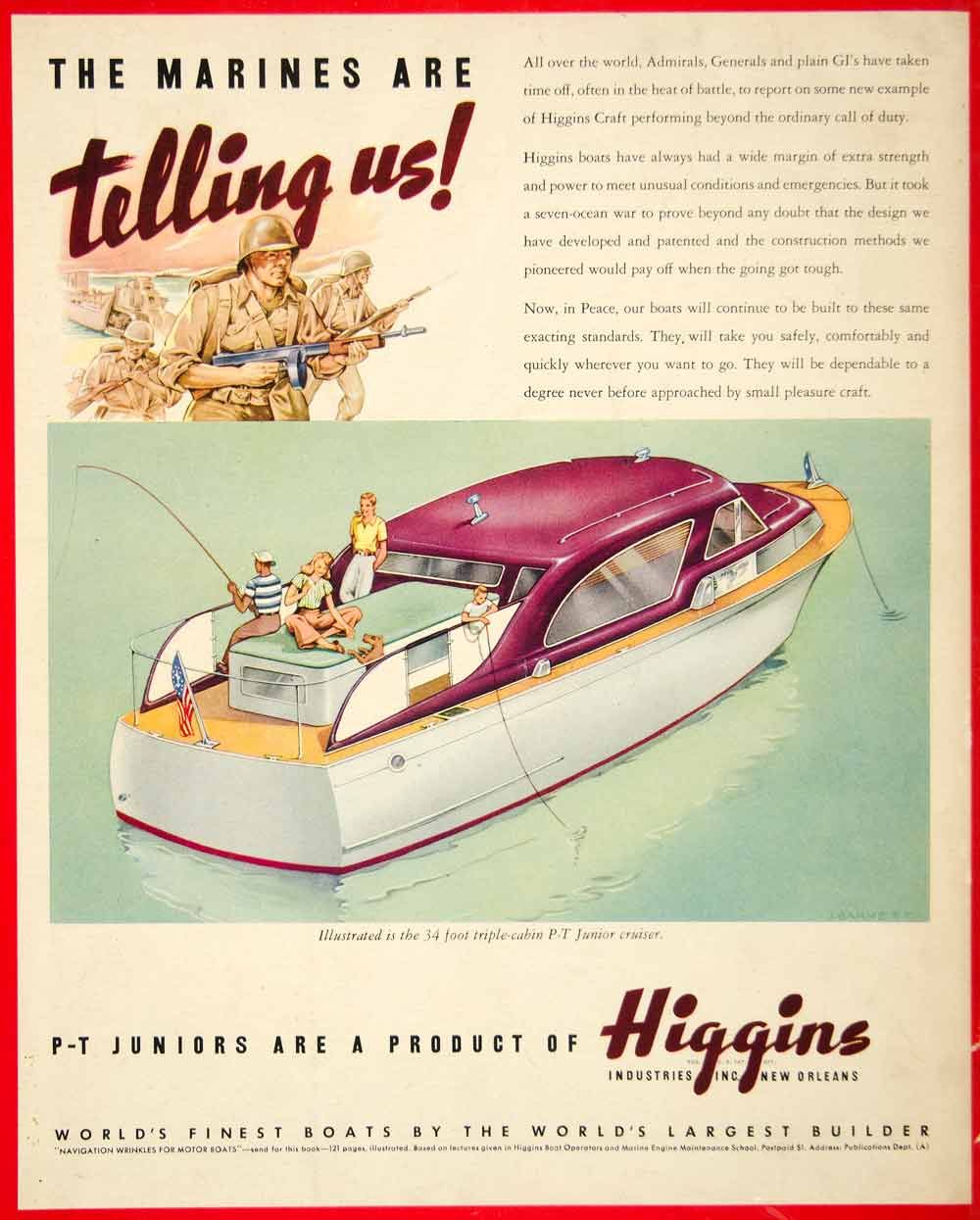 1945 Ad Higgins P T Junior Fishing Marine Craft 34 Foot Boat WWII