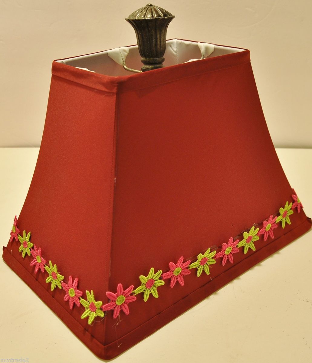   Harp LAMP SHADE Burgundy Fabric Lime Green Hot Pink Flowers FINIAL