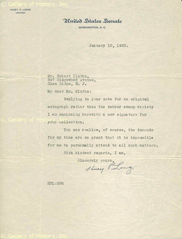 Huey P Long Typed Letter Signed 01 10 1933