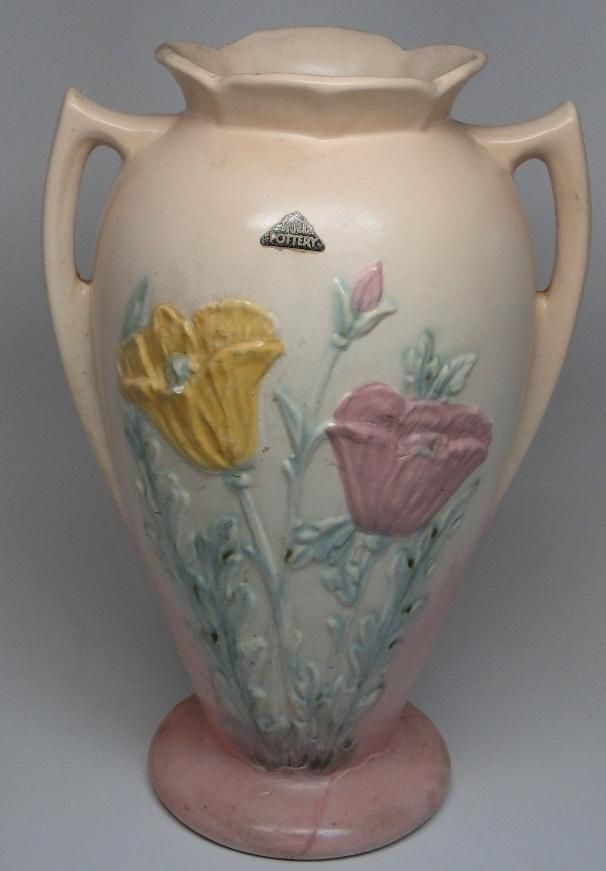 Hull Pottery 10 5 10 1 2 inch Floral Vase Pink Yellow Green