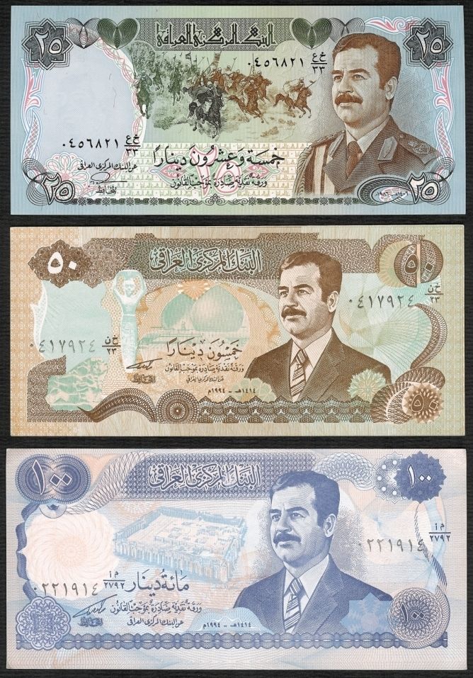   IRAQI 25 50 100 Dinar Saddam Hussain UNC SWISS PRINT SET 3 Different