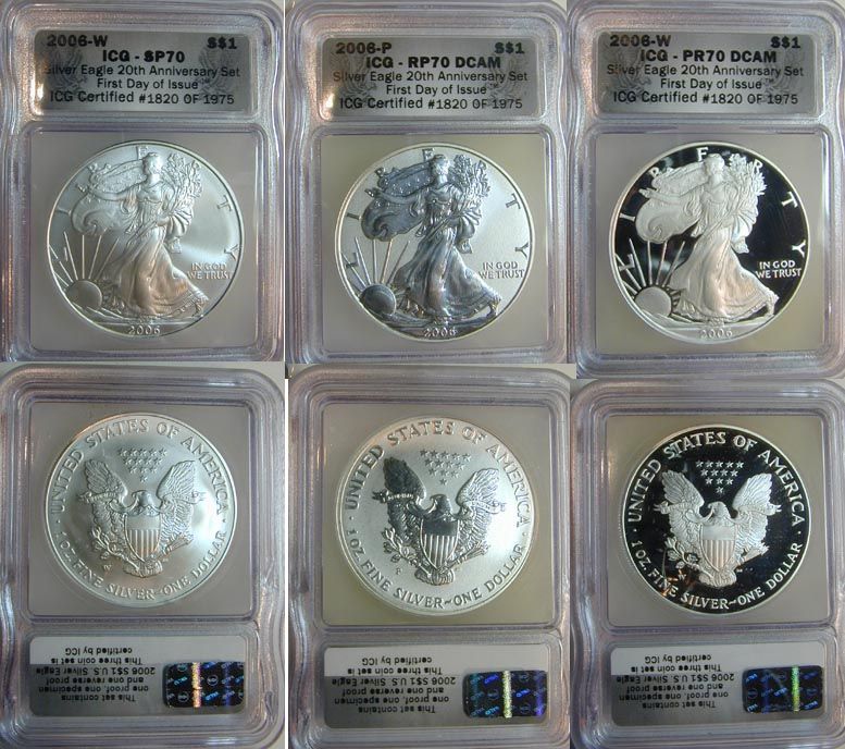  Anniversary American Silver Eagle 3 Coin Set ICG SP70 RP70 PR70