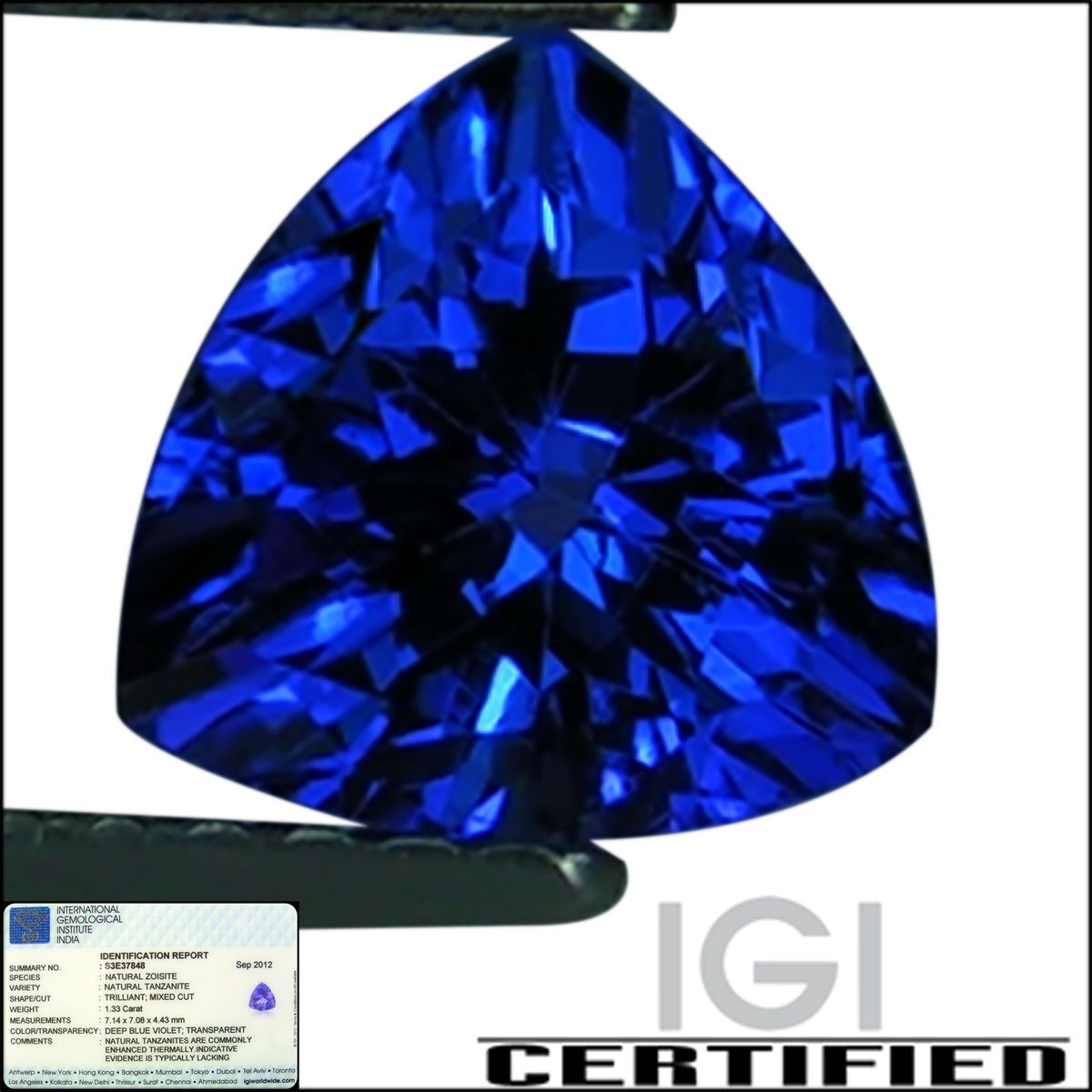 IGI Certified 1 33 Ct AAA Natural DBlock Tanzanite Trillion Deep