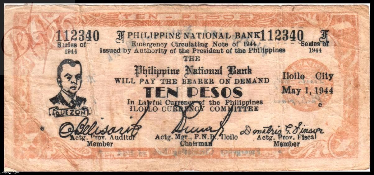 Philippines Iloilo 10 Pesos 1944 Guerilla Money S342