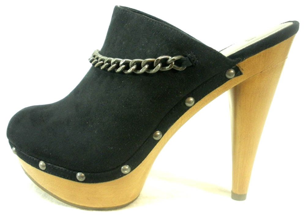 New Elle Ilona Black Platform Wood Clog Chain Shoes 6 5