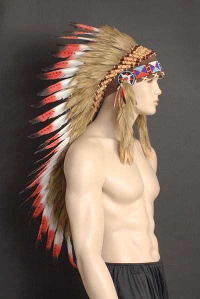   RED NATIVE INDIAN CHIEF FEATHER HEADDRESS 80CM LONG RED TIP FEATHERS