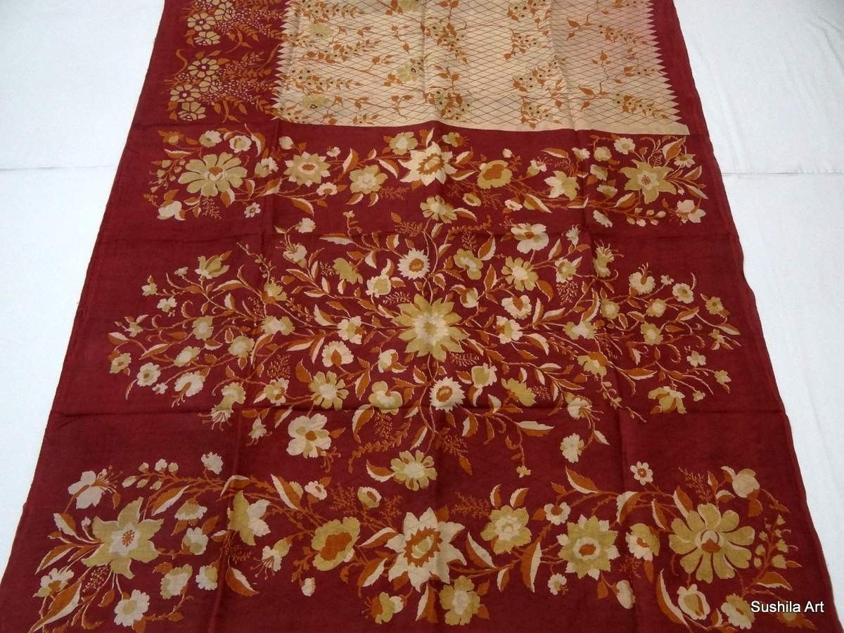 Indian Pure Silk Vintage Sari 5 Yard Fabric Big Flowers Print Design