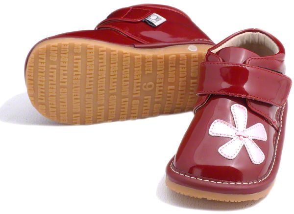 Girls Toddler Leather Squeaky Shoes Boots Patent Red with Pink Flowers