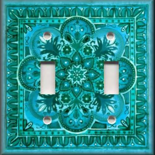 Light Switch Plate Cover Italian Tile Pattern Fiore Turquoise Blue