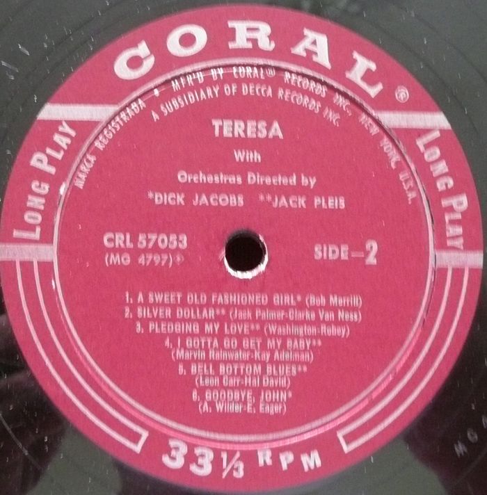  Teresa Vinyl Record Coral CRL 57053 Dick Jacobs Jack Pleis VG