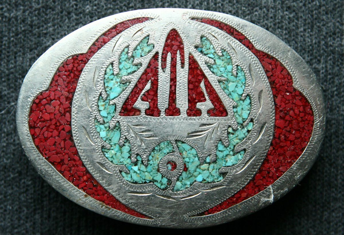 Vtg Hand Crafted by R B Turquoise Coral Inlay German Silver Western