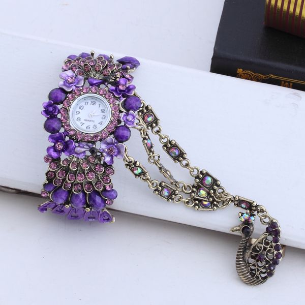  Openwork Purple Peacock Rhinestone Wristwatch Bracelet Bangle Ring Set