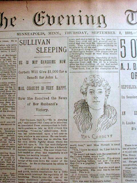 1892 Newspaper James J Corbett Defeats John L Sullivan Heavyweight Boxing Champ  