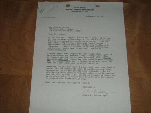 John McCone James Schlesinger CIA AEC Atomic Letter Nuke Nuclear Spy Director  