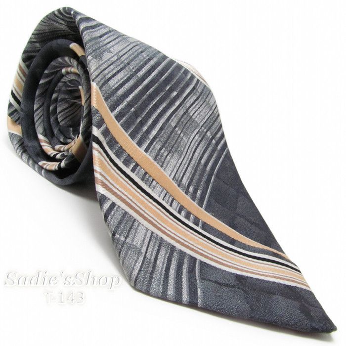 Johnny Carson 100 Polyester Grey Diagonal Stripe Vtg Vintage 3⅜″w 53″L Necktie  