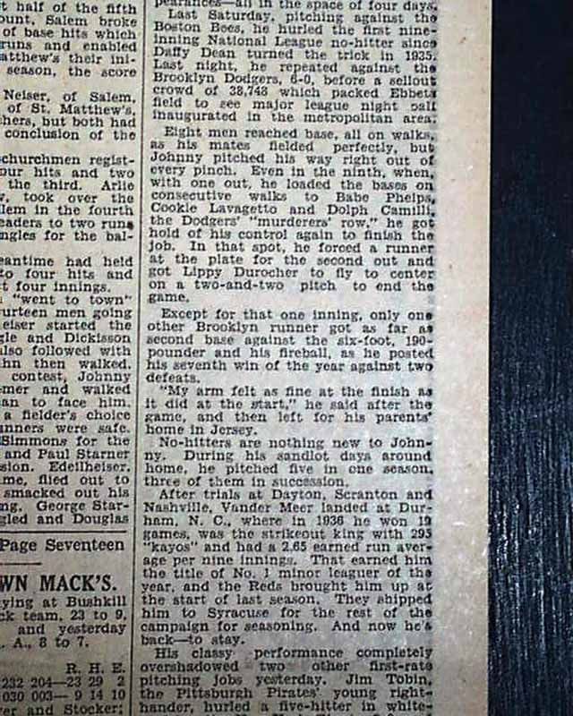 Johnny Vander Meer 2nd No Hitter in Row Cincinnati Reds Baseball 1938 Newspaper  