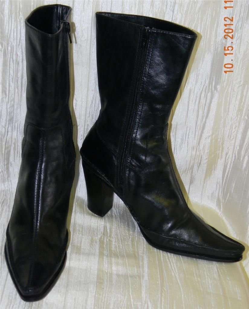 Nine West Questao Black Leather Mid Calf Cowboy Western Boots Heels Sz M EUC  