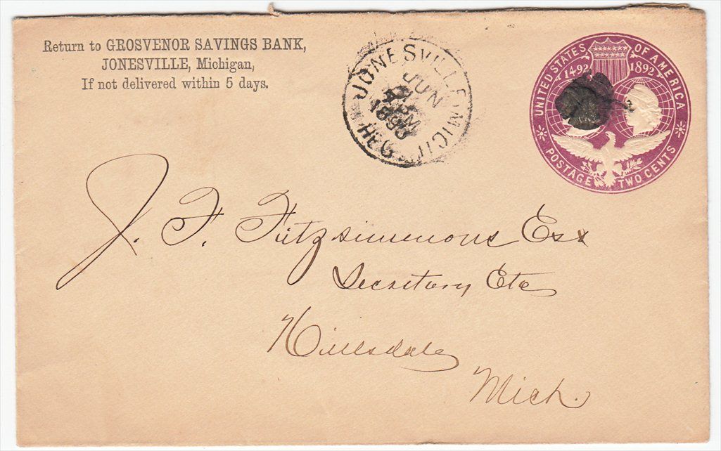 Jonesville MI to Hillsdale 1893 Commercial Cover  