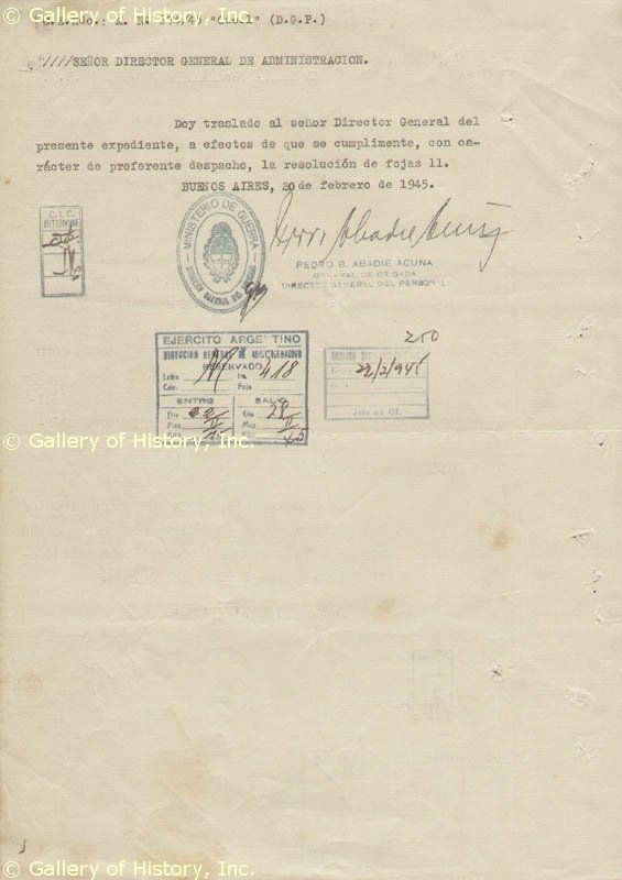 Juan D Peron Argentina Document Signed  