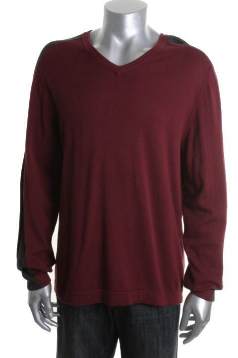 Kenneth Cole New Give Me A V Red Ribbed Sleeve Stripe V Neck Sweater L