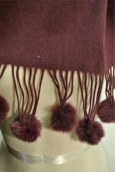 La Fiorentina Eggplant Purple Fur Trim Wool Scarf New One Size