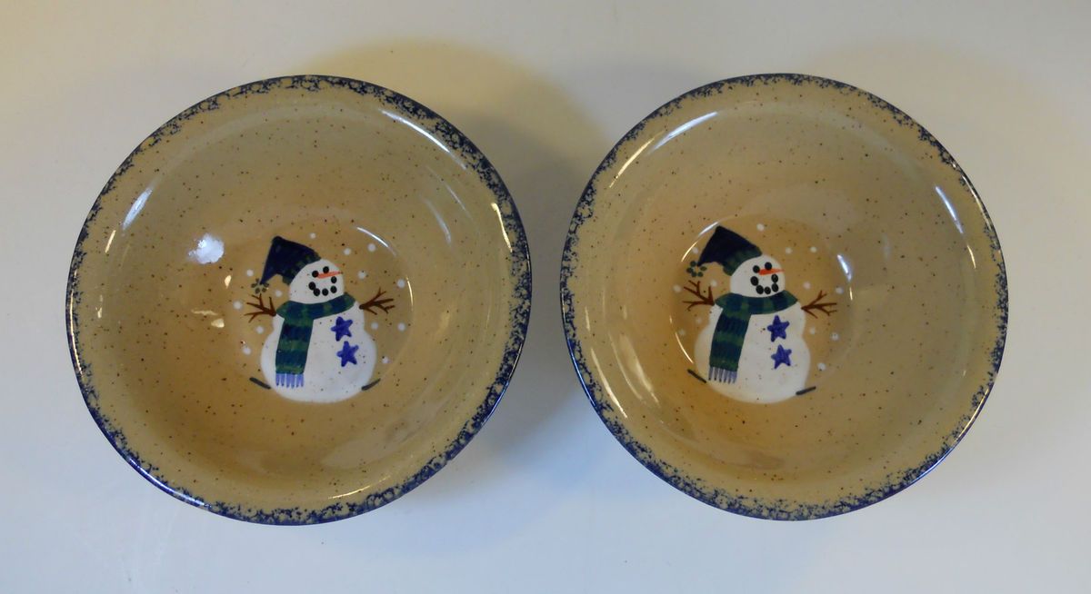 Pair of Larry Bowls Three Rivers Pottery Snowman Family Tree
