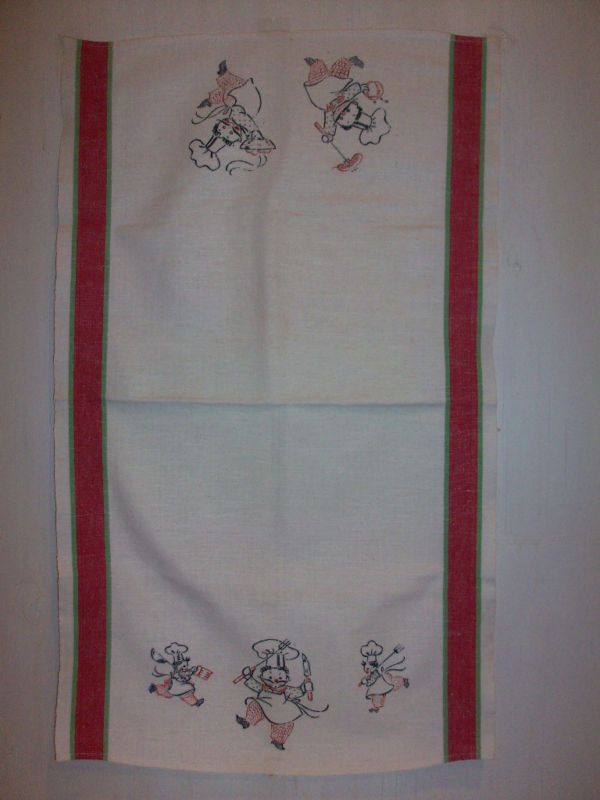 Vtg Double Stripe Kitchen Linen Towel Dancing Chefs