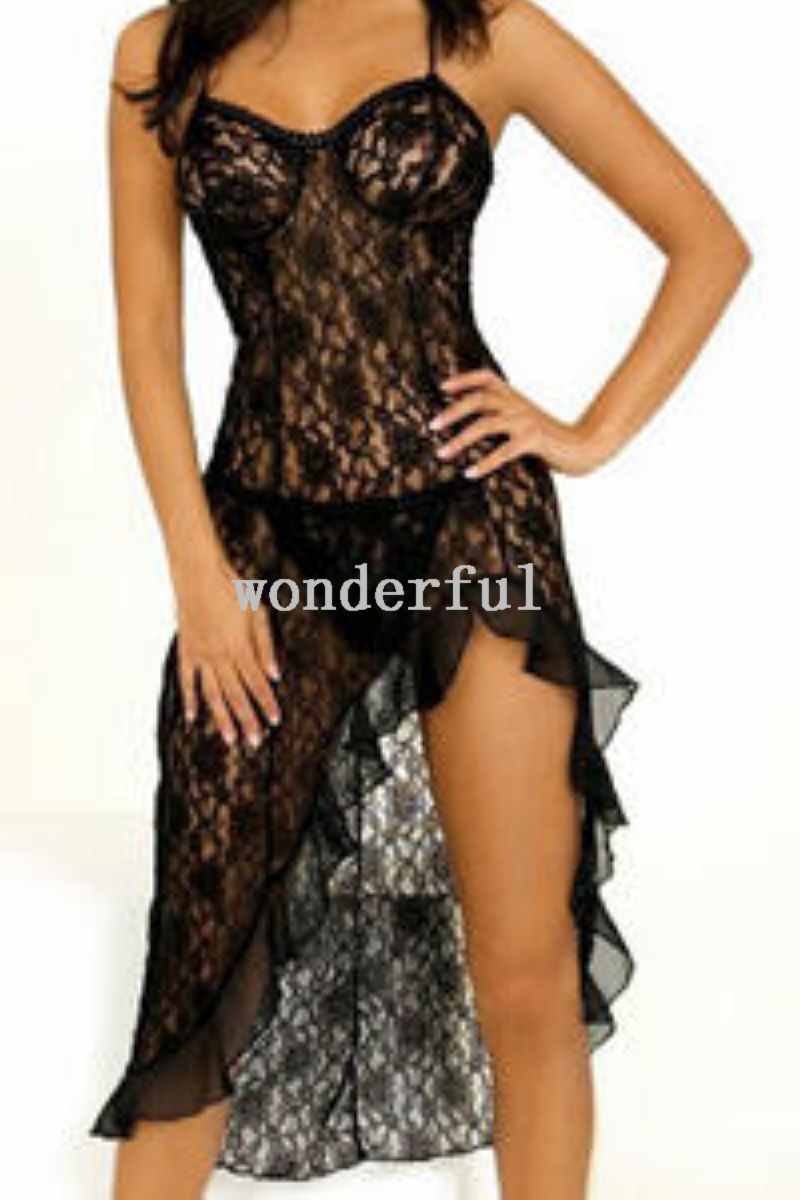 9015 Black Sexy Floral Lace Mesh Lingeries long dress sleeping wear G