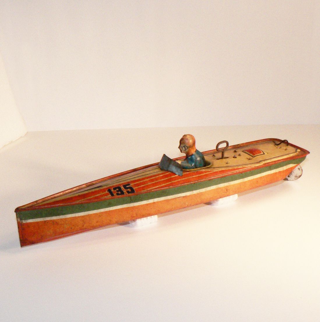 Vintage 1930's Small Lindstrom Tin Litho Toy Wind Up Speed Boat