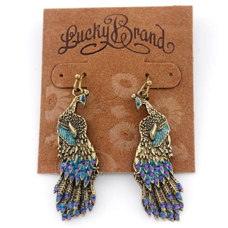 Lucky Brand Vintage Gold Tone Peacock Drop Dangle Earrings