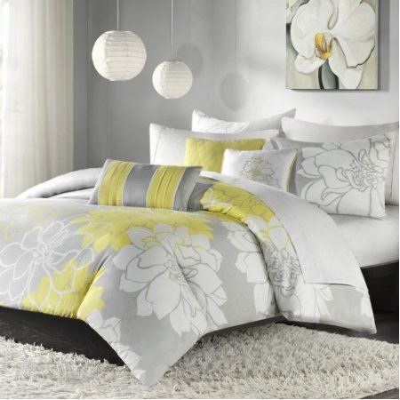 Madison Park LOLA Yellow & Gray Abstract Flowers 7 Piece Comforter