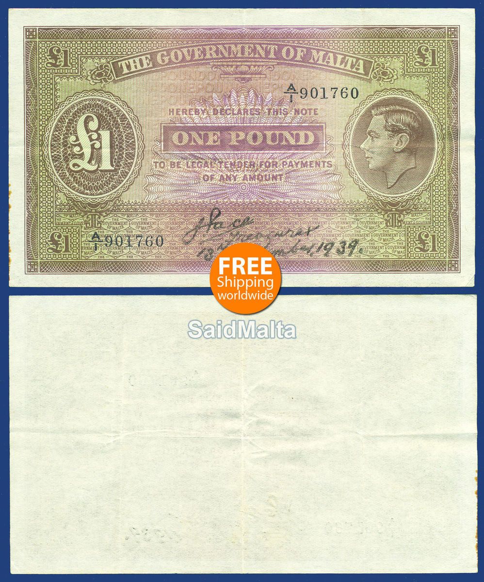 Malta 1940 Banknote KGVI 1 Pound Signature J Pace Said No 11 EF Extra