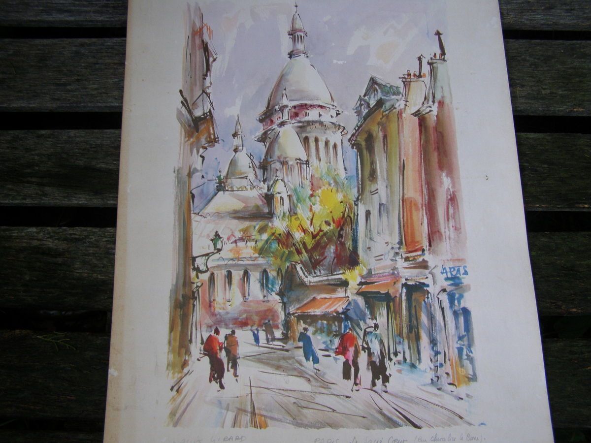 Vintage Signed Marius Girard Paris Le Soue Watercolor Painting Print